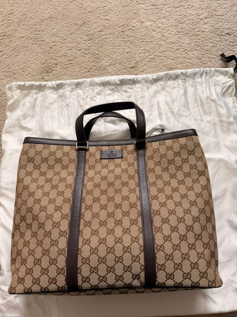 Gucci Brown Beige GG Canvas Tote with Dark Brown Leather Trim